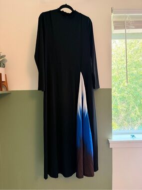 SHEIN Black Long Sleeve Midi Dress with Blue-White Gradient Panel